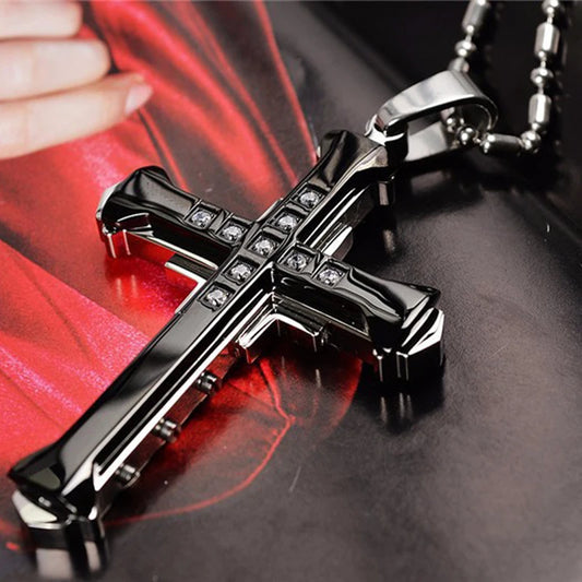 SUMENG 2025 Crystal Cross Jesus Pendant – Gold/Black/Blue Stainless Steel Necklace