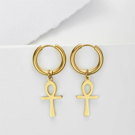 Skyrim Egypt Ankh Cross Drop Earrings – Gold Color Stainless Steel Amulet Jewelry for Women