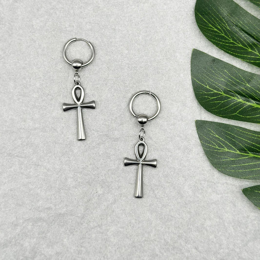 Egyptian Ankh Cross Drop Earrings – Key of Life Stainless Steel Hoops for Men & Women