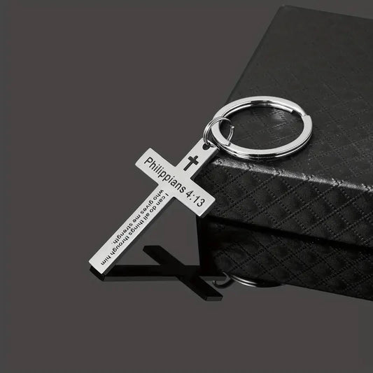 Christian Bible Verse Cross Pendant Keychain – Stainless Steel Religious Gift