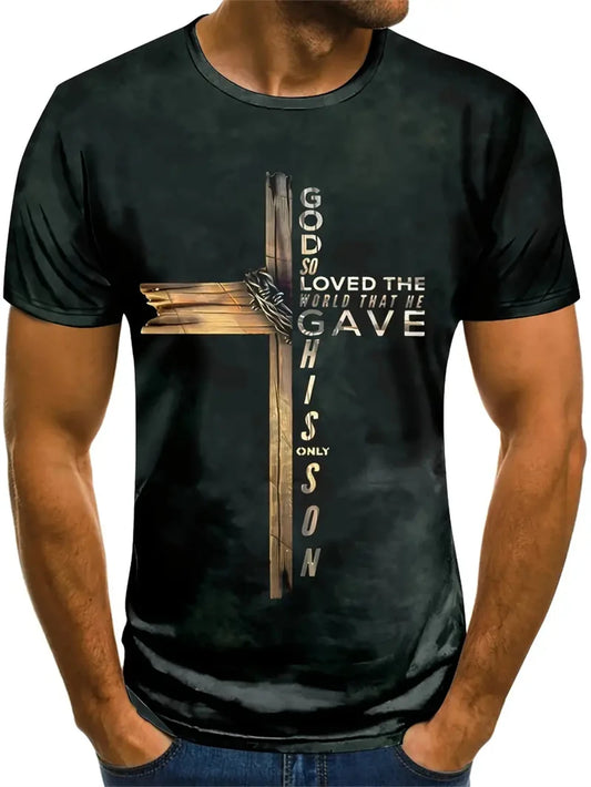 Oversized Gothic Jesus Christ Cross T-Shirt – 3D Print Christian Streetwear for Men