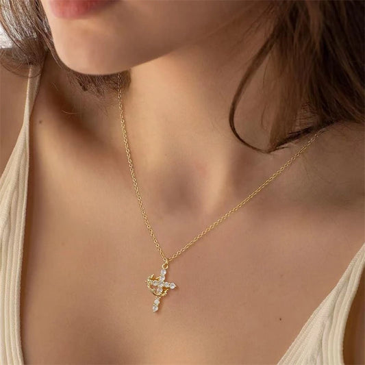 Exquisite Zircon Cross Pendant Necklace – Rotatable Crown Design for Women