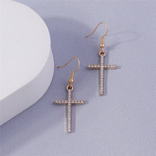 Fashion Zircon Crystal Cross Earrings – Gothic Punk Crucifix Dangle Jewelry for Men & Women