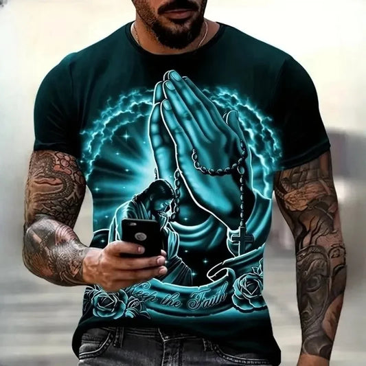 3D Jesus Print Pray T-Shirt – Christian Fashion Oversized Tee for Men