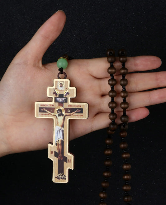 Diyalo Orthodox Crucifix Necklace – Jesus Christ Cross Icon Pendant with Wooden Beads