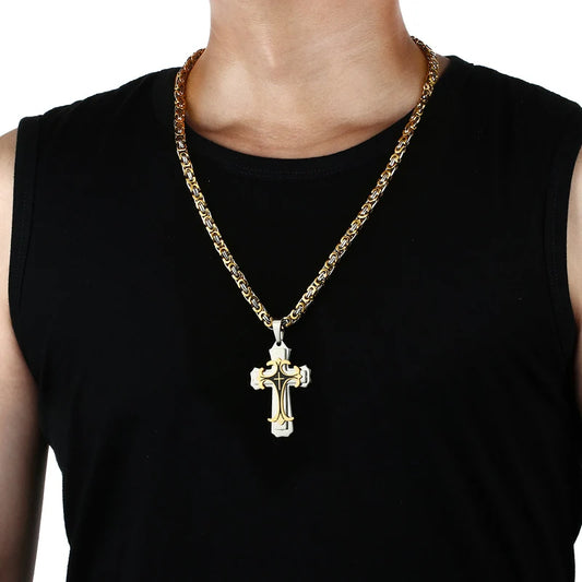 Vintage Christian Trinity Latin Cross Necklace – Multi-Layer Stainless Steel Pendant for Men
