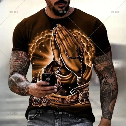 3D Jesus Print Pray T-Shirt – Christian Fashion Oversized Tee for Men