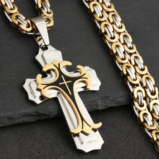 Vintage Christian Trinity Latin Cross Necklace – Multi-Layer Stainless Steel Pendant for Men