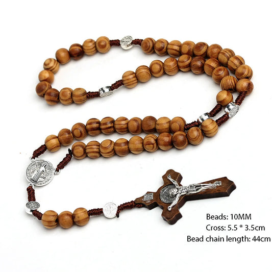 10MM Wooden Beads Rosary Cross Necklace – Christian Virgin Mary & INRI Pendant