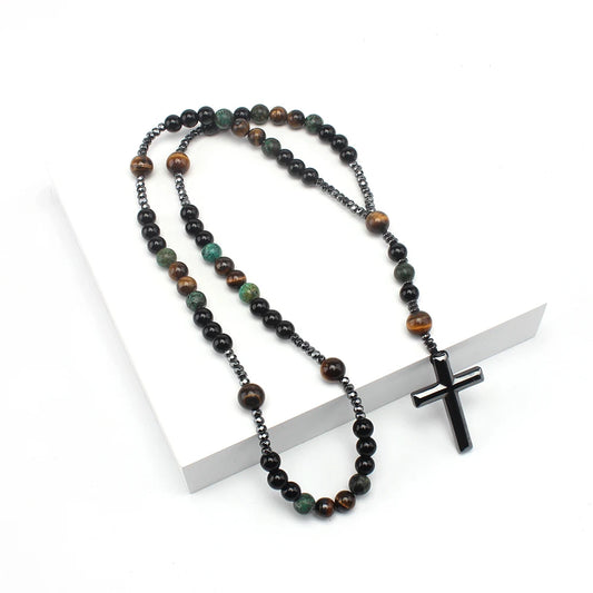 Natural Stone Rosary Necklace – Africa Turquoise & Tiger Eye Beads with Cross Pendant