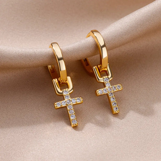 Zircon Cross Dangle Earrings – Stainless Steel Aesthetic Jewelry for Women & Girls