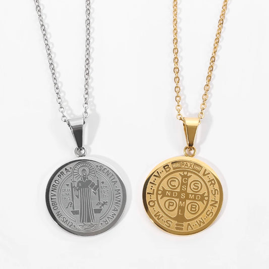 San Benito Medal Pendant Necklace – Stainless Steel Cross Jewelry for Men & Women