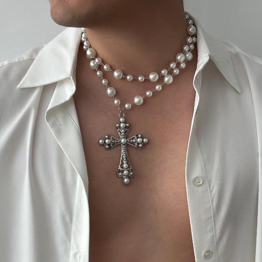IngeSight.Z Elegant Pearl Cross Choker Necklace – Goth‑Chic 2‑in‑1 Statement Piece