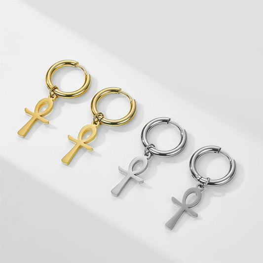 Skyrim Egypt Ankh Cross Drop Earrings – Gold Color Stainless Steel Amulet Jewelry for Women
