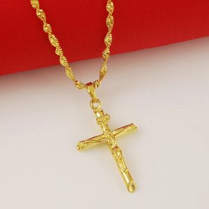 Real 24K Gold Color Cross Pendant & Necklace – Christian Religious Jewelry for Men & Women