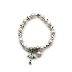 QIGO White Glass Pearl Cross Rosary Bracelet – Elastic Religious Jewelry for Women
