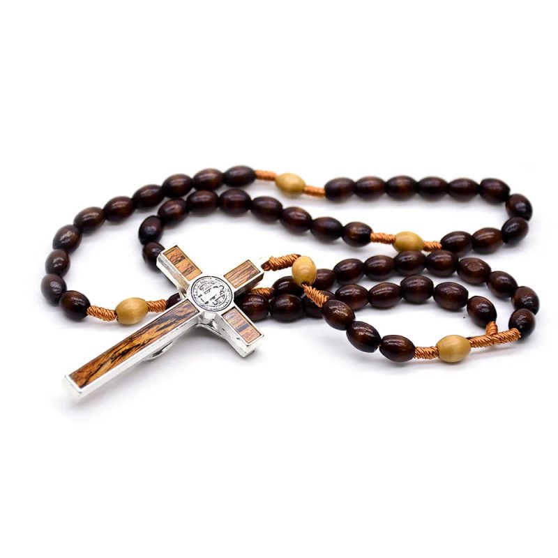 QIGO Dark Coffee Wood Rosary Necklace – Rice Bead Rope Cross Religious Jewelry - Image 3
