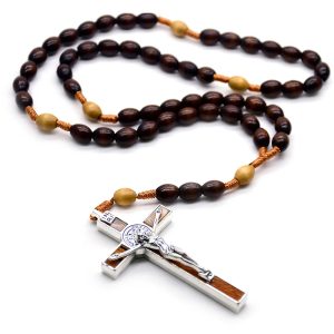 QIGO Dark Coffee Wood Rosary Necklace – Rice Bead Rope Cross Religious Jewelry