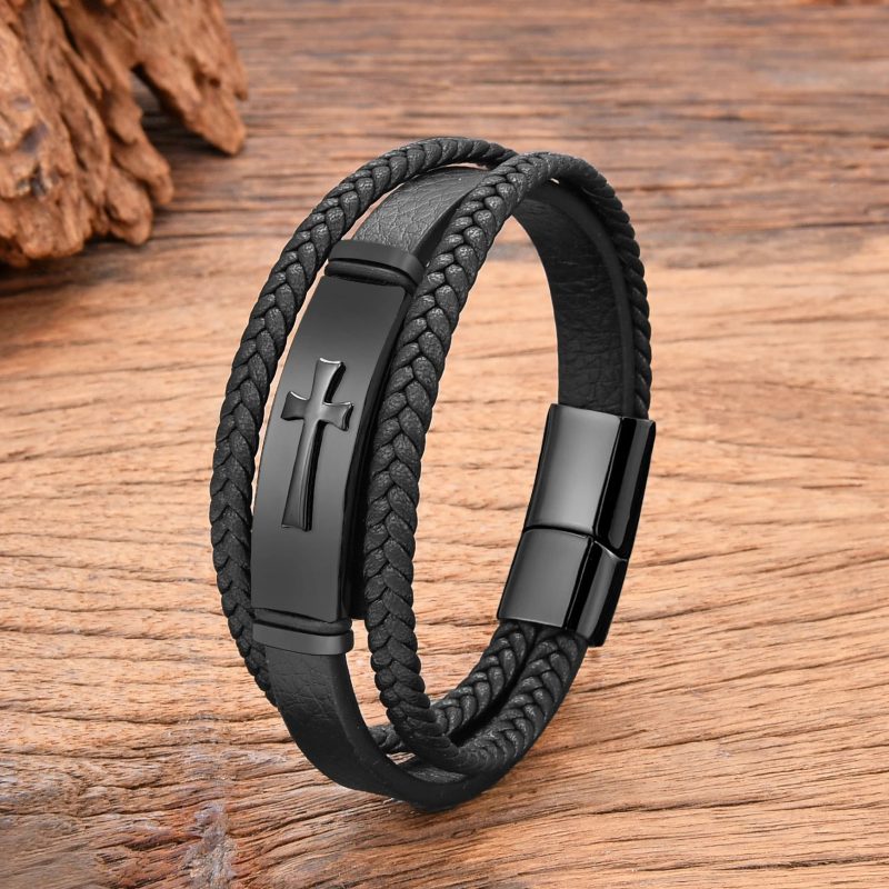 Black Gold Plated Cross Stainless Steel Bracelet – Men's Leather Punk Chain Jewelry - Image 3