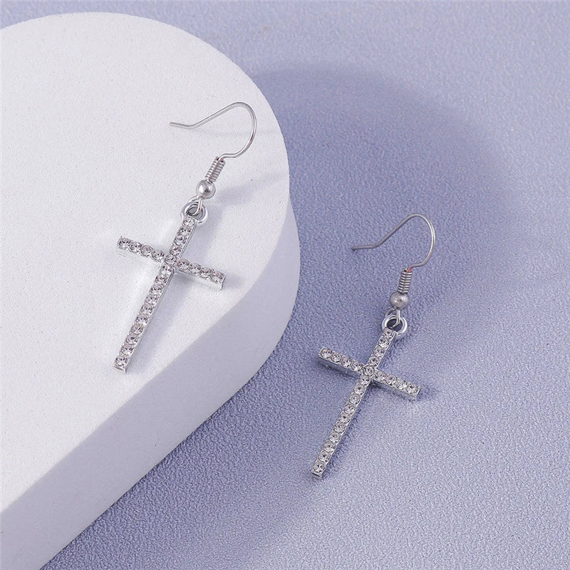 Fashion Zircon Crystal Cross Earrings – Gothic Punk Crucifix Dangle Jewelry for Men & Women - Image 3