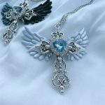 Gothic Wings Cross Pendant Necklace – Y2K Heart Crystal Choker Punk Charm for Women