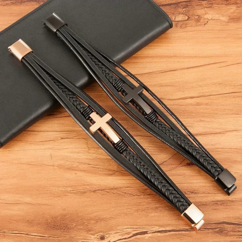 2024 Luxury Multicolor Cross Leather Bracelet – Classic Stainless Steel Design for Men - Image 2