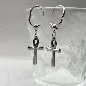 Egyptian Ankh Cross Drop Earrings – Key of Life Stainless Steel Hoops for Men & Women