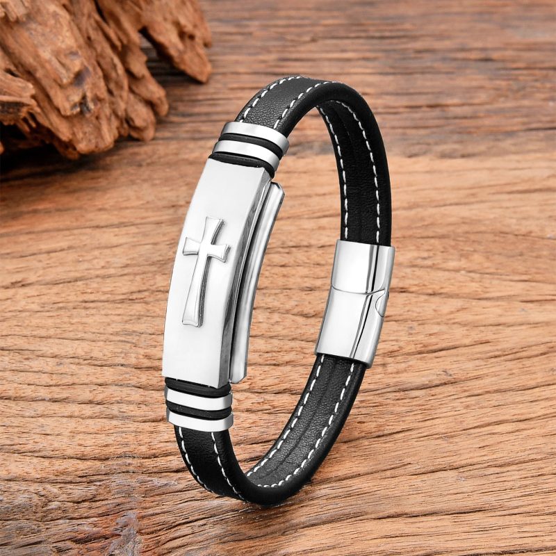 Black Gold Plated Cross Stainless Steel Bracelet – Men's Leather Punk Chain Jewelry - Image 5