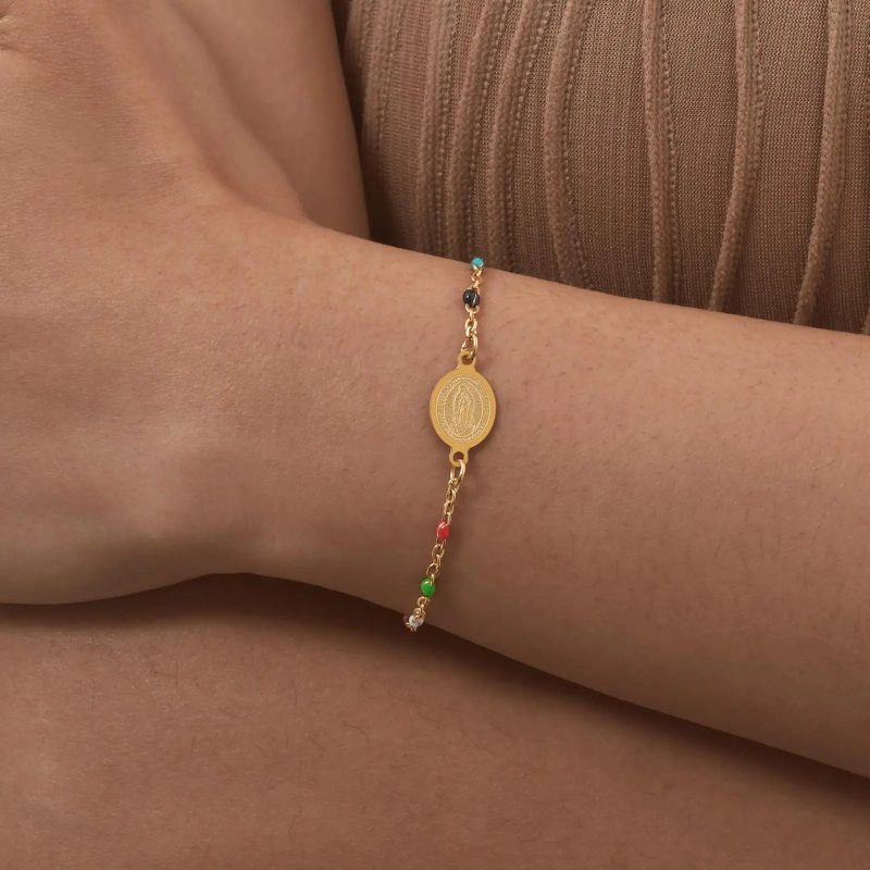 Bohemian Colored Bead Virgin Bracelets – Gold Stainless Steel Christian Jewelry for Women - Image 2