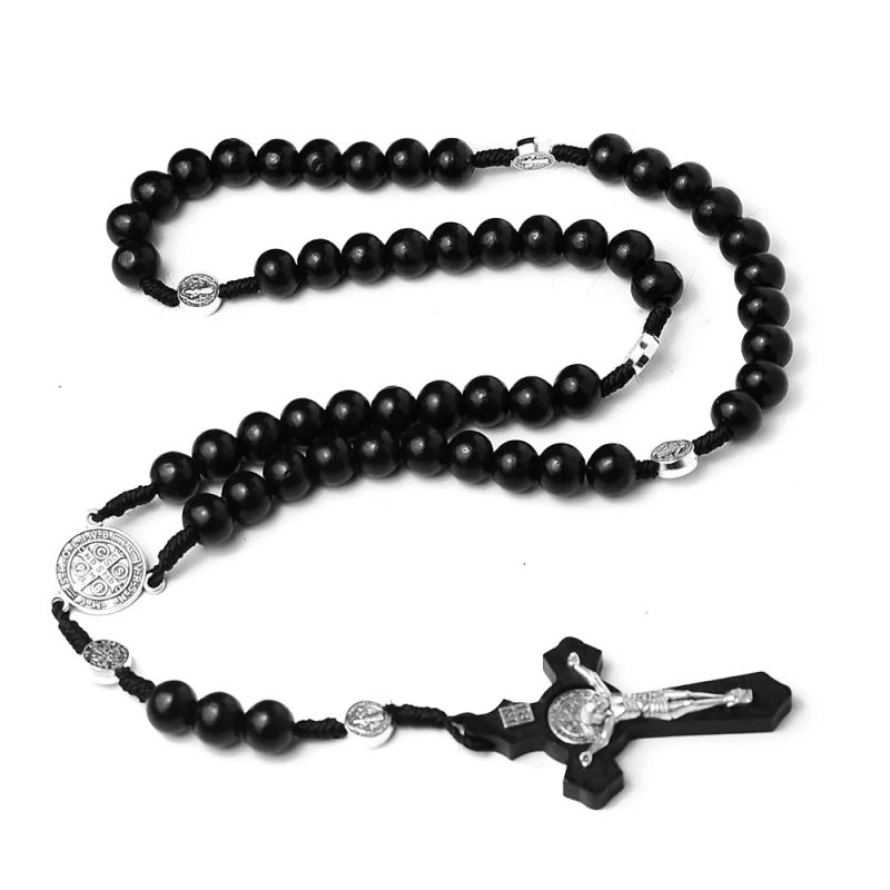 10MM Wooden Beads Rosary Cross Necklace – Christian Virgin Mary & INRI Pendant - Image 6