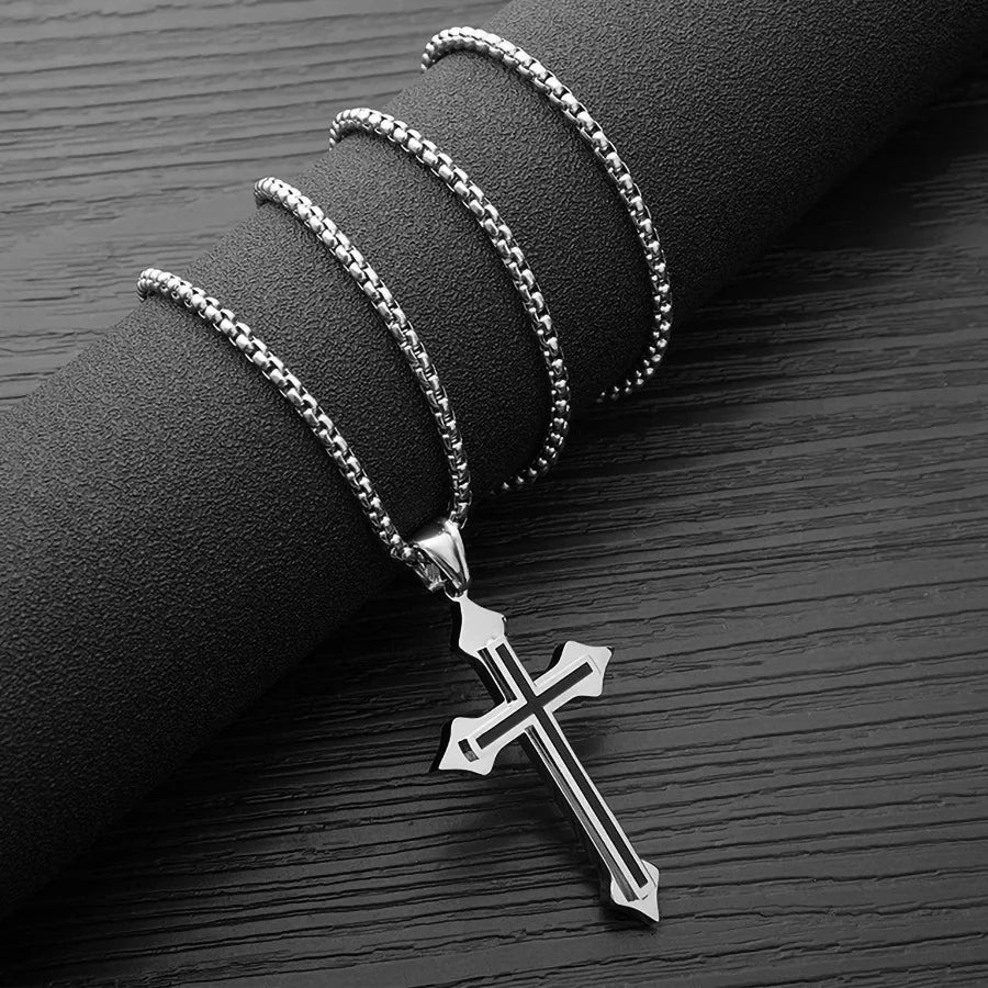 Minimalist Black Oil Drop Cross Necklace – Silver Color Stainless Steel Chain, Unisex Hip-Hop Punk Jewelry - Image 3