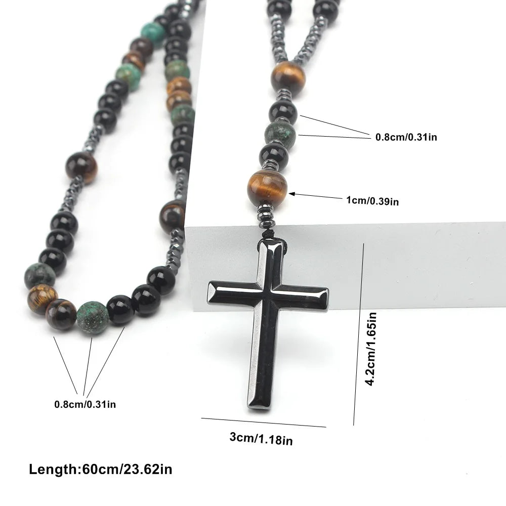 Natural Stone Rosary Necklace – Africa Turquoise & Tiger Eye Beads with Cross Pendant - Image 3