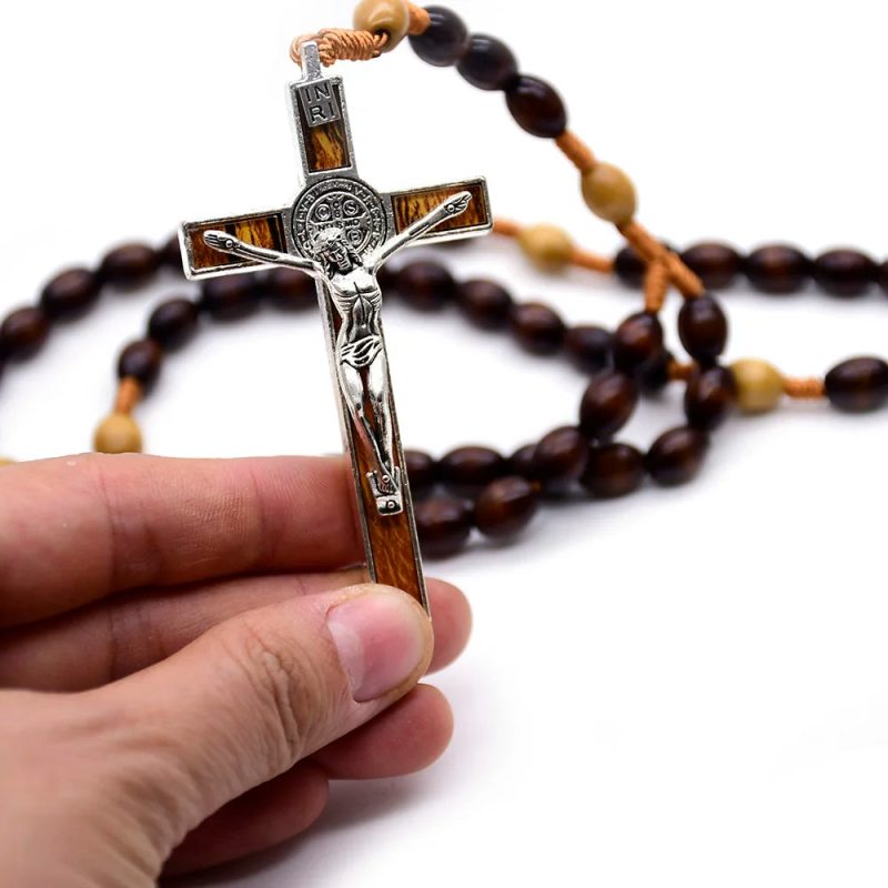QIGO Dark Coffee Wood Rosary Necklace – Rice Bead Rope Cross Religious Jewelry - Image 4