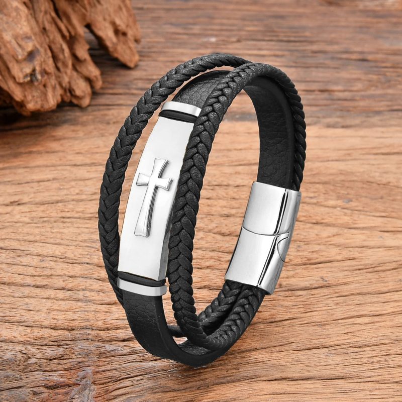 Black Gold Plated Cross Stainless Steel Bracelet – Men's Leather Punk Chain Jewelry - Image 4