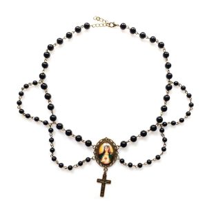 QIGO Black Acrylic Pearl Tassel Cross Choker – Virgin Mary Religious Necklace for Women
