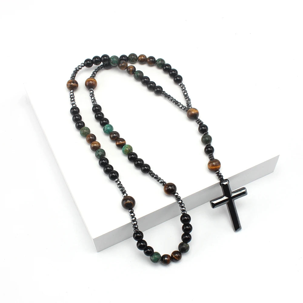Natural Stone Rosary Necklace – Africa Turquoise & Tiger Eye Beads with Cross Pendant - Image 2