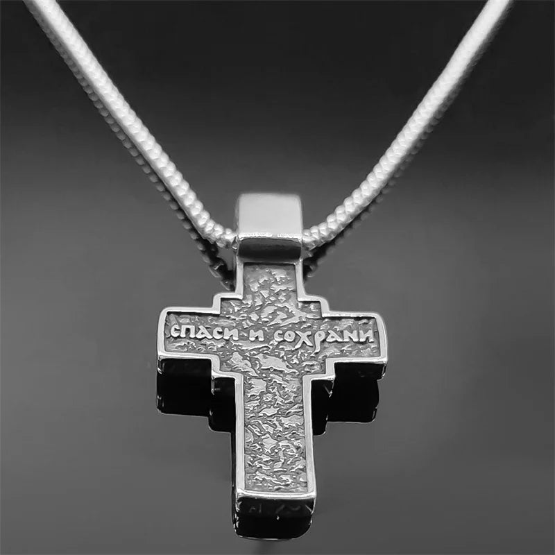 Men's Russian Eastern Orthodox Jesus Cross Pendant Necklace – Stainless Steel Crucifix Baptism Prayer Jewelry - Image 3
