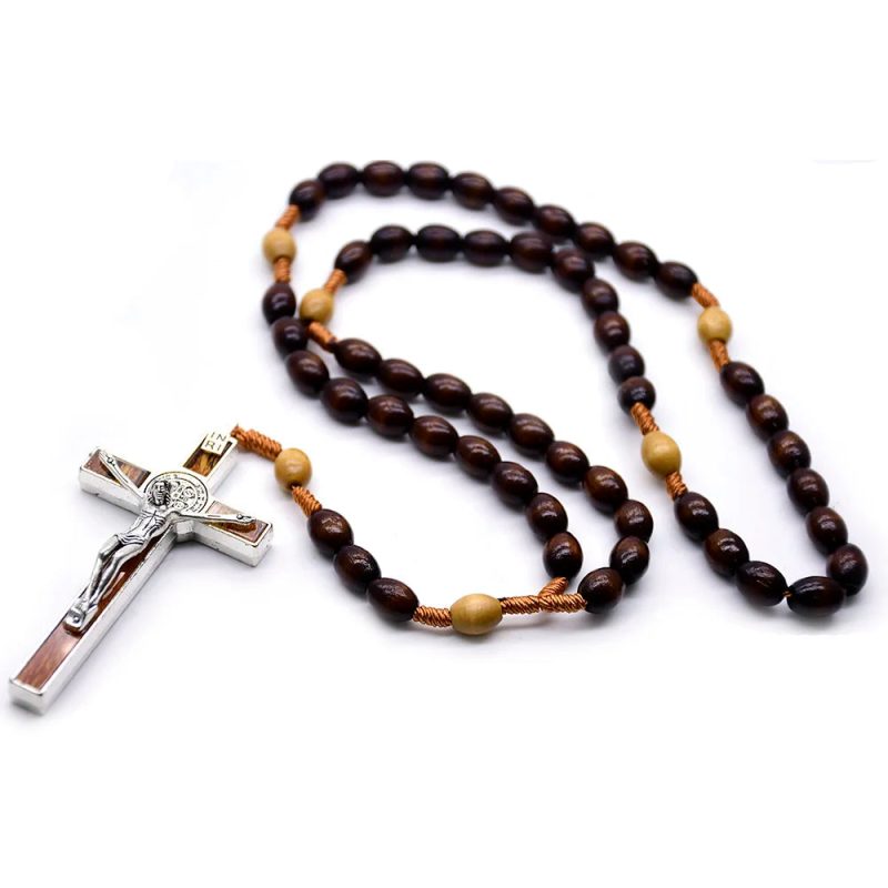 QIGO Dark Coffee Wood Rosary Necklace – Rice Bead Rope Cross Religious Jewelry - Image 2