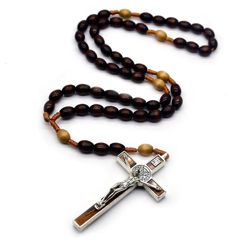 QIGO Dark Coffee Wood Rosary Necklace – Rice Bead Rope Cross Religious Jewelry - Image 5