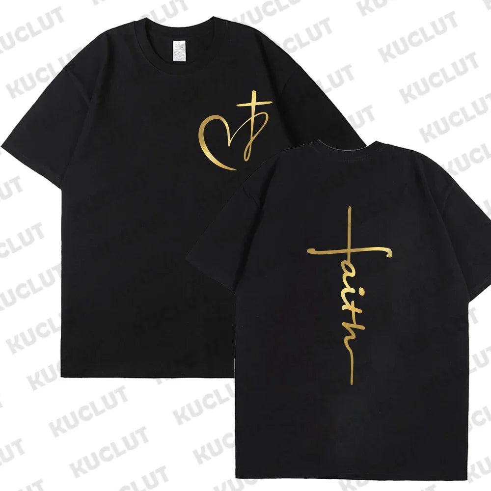 Heart Cross Print Christian T-Shirt - Image 17