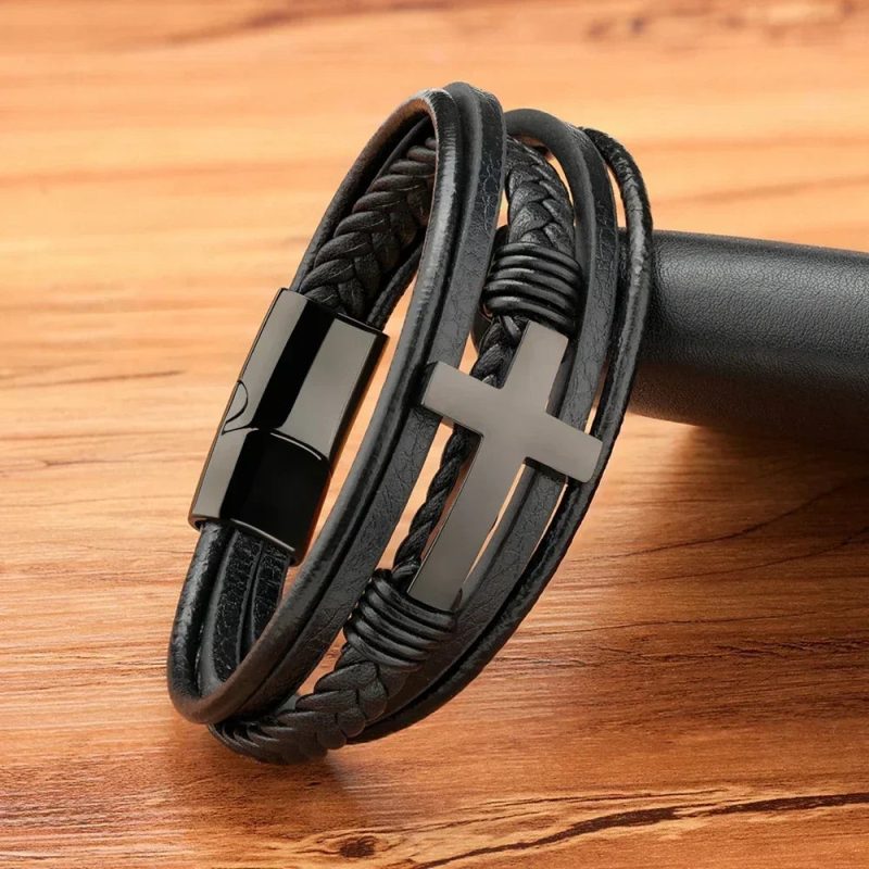 2024 Luxury Multicolor Cross Leather Bracelet – Classic Stainless Steel Design for Men - Image 3