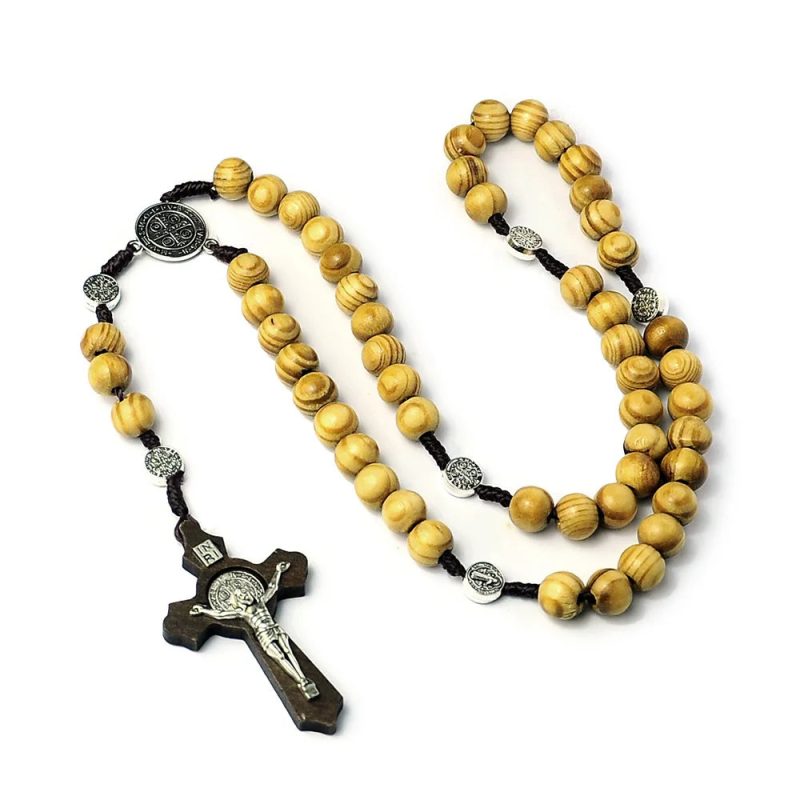 10MM Wooden Beads Rosary Cross Necklace – Christian Virgin Mary & INRI Pendant - Image 5