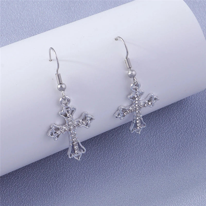 Fashion Zircon Crystal Cross Earrings – Gothic Punk Crucifix Dangle Jewelry for Men & Women - Image 9
